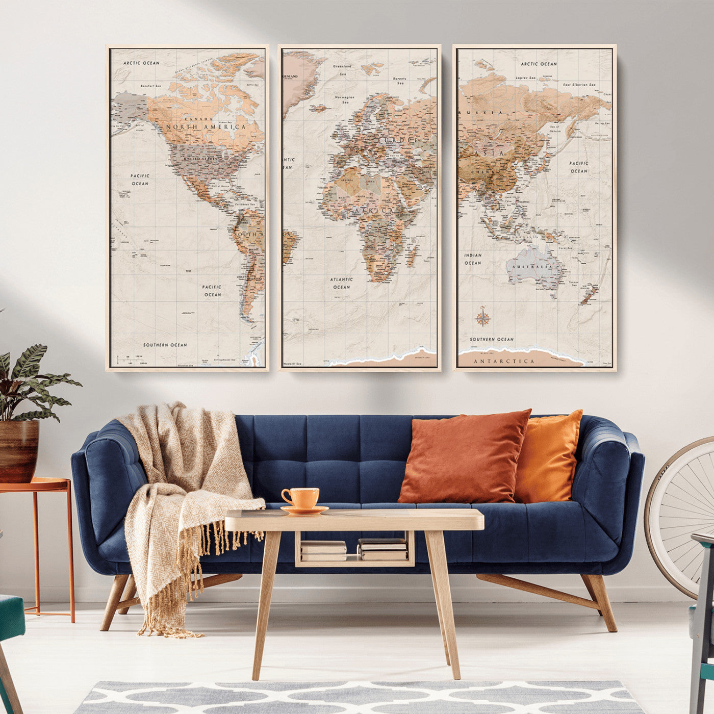 Detailed vintage world map with warm earth tones showing country borders, oceans, continents, and major cities, styled with a textured parchment background.