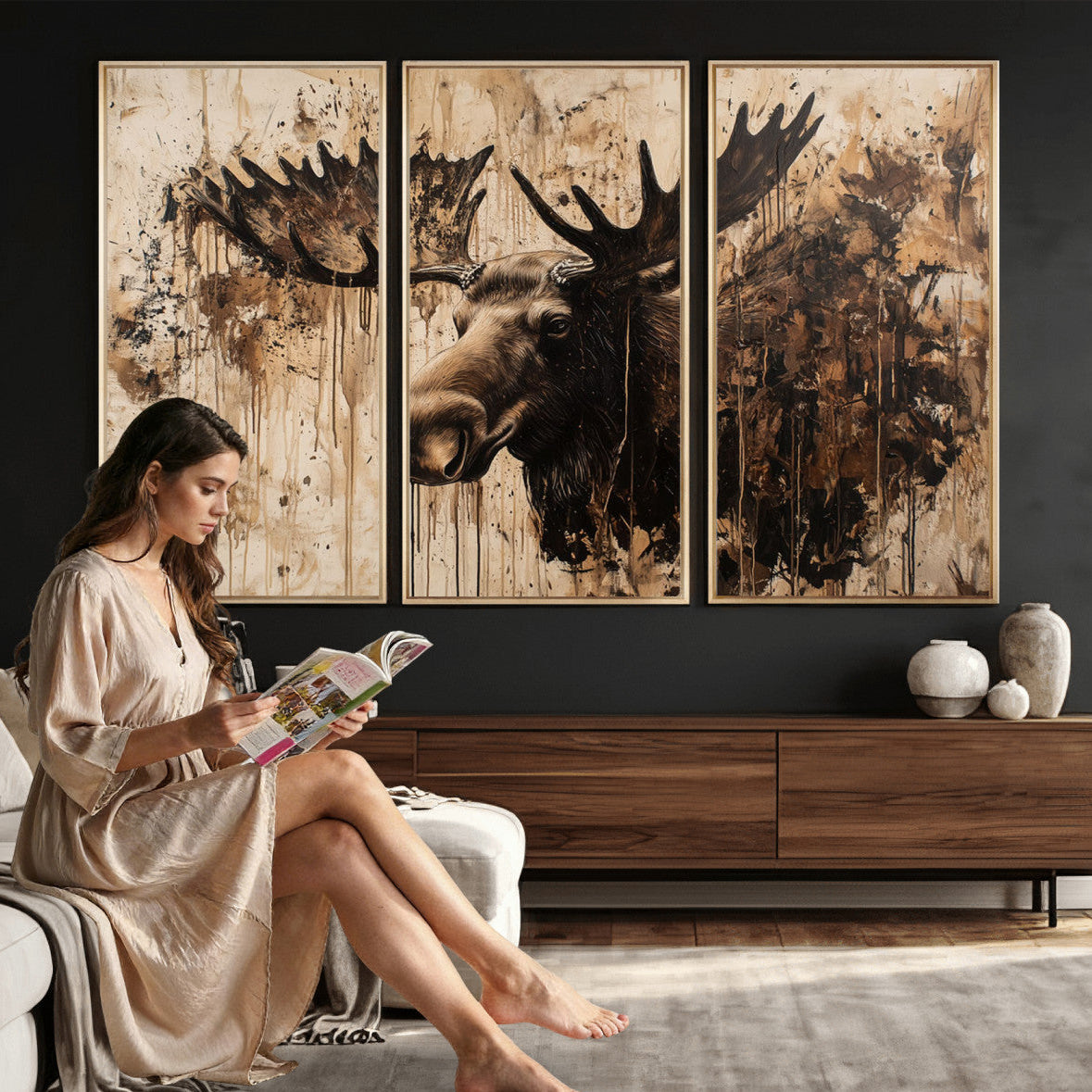 83505059-MGV-CV-36X24 - Moose Canvas Wall Art — Rustic Wildlife Painting Print | Cabin Lodge Decor | Large Animal Wall Art | Moose Gift for Him | Man Cave Art