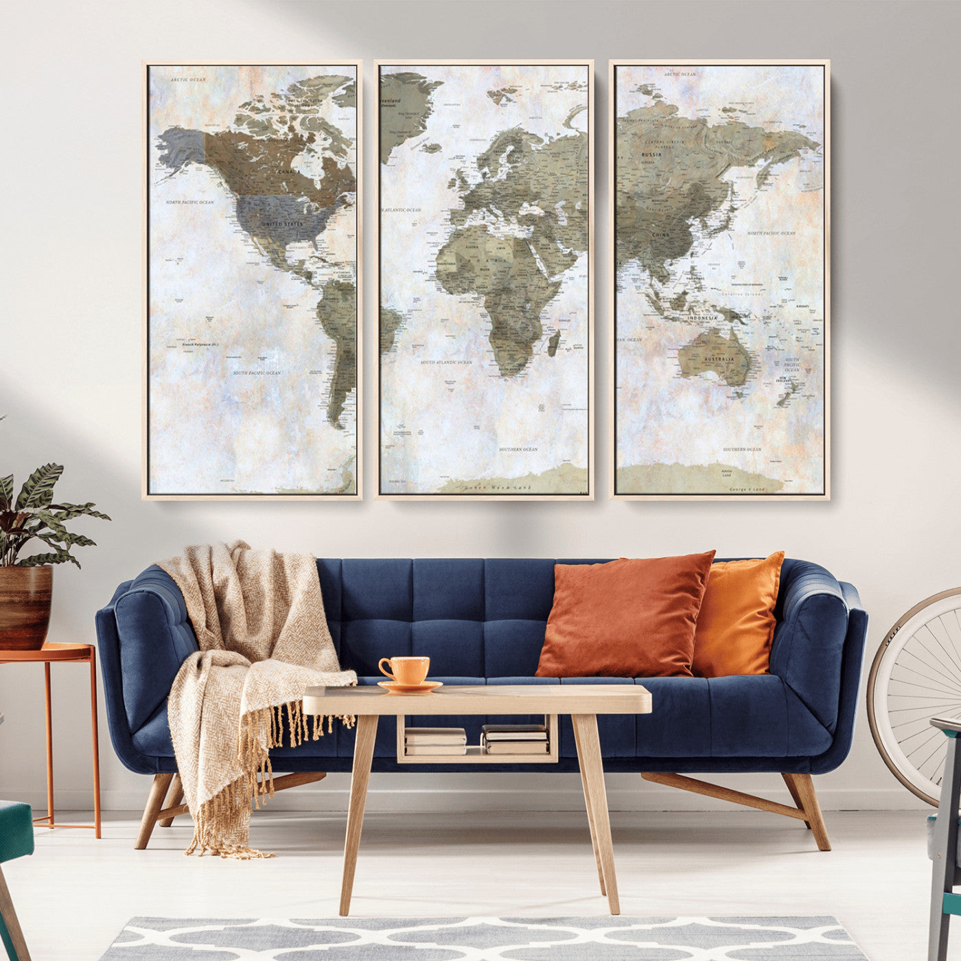 World map printed on a textured canvas with soft muted earth tones and a weathered background, showing detailed countries and continents, perfect for vintage-style wall art.
