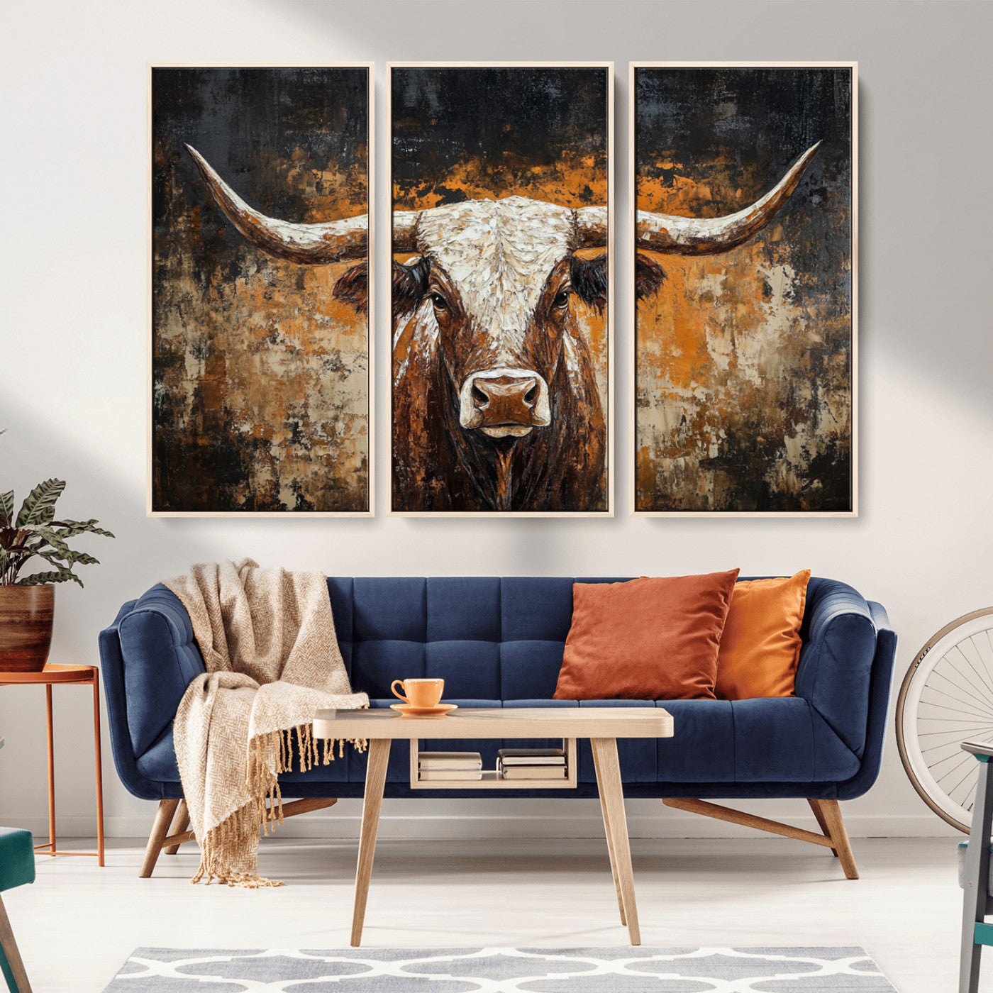 25265572-MGV-FC-48X32-3P_Natural-Rustic Longhorn Bull Wall Art Canvas Print – Vintage Western Cattle Painting, Texas Steer Artwork for Ranch, Farmhouse or Cowboy Decor