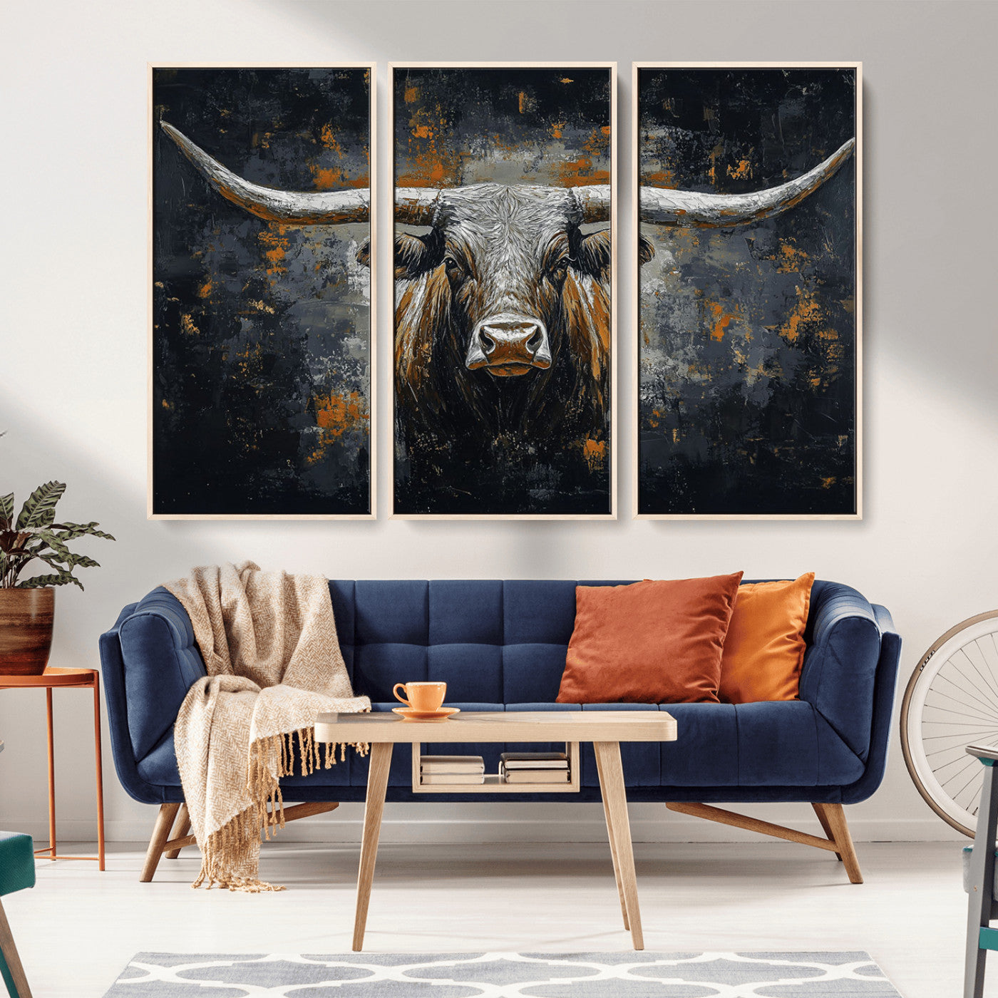 93195031-MGV-FC-60X40-3P_Natural-Rustic Longhorn Bull Wall Art Canvas Print – Vintage Western Cattle Painting, Texas Steer Artwork for Ranch, Farmhouse or Cowboy Decor