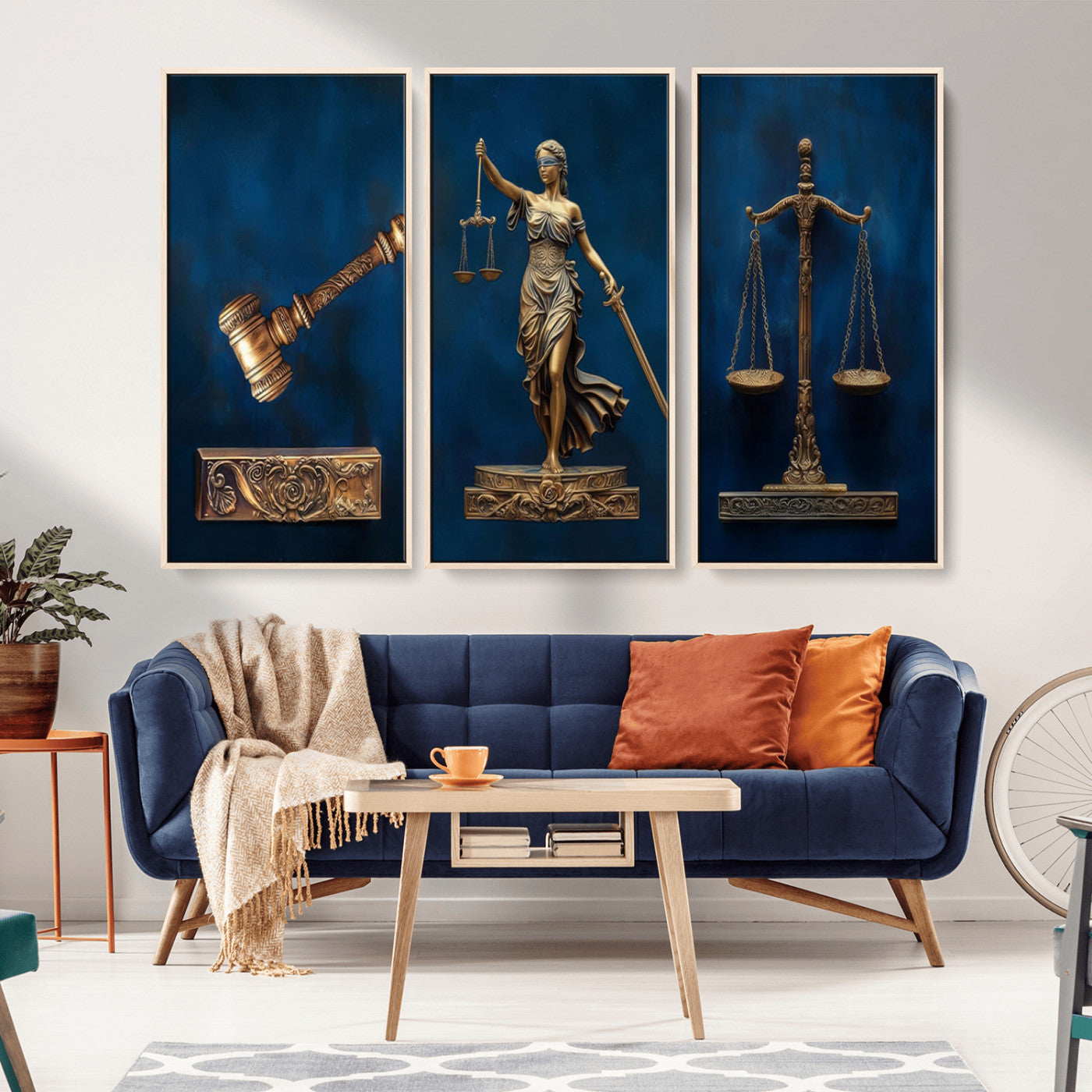 MGV-FC-48X32-3P - Lady Justice Wall Art Canvas Print – Elegant Gold Legal Symbols on Blue Background, Perfect for Law
