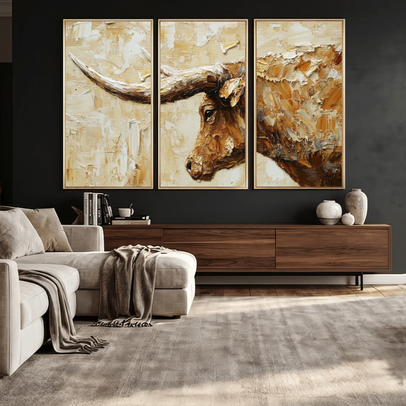 69611428-MGV-CV-36X24 - Rustic Longhorn Bull Wall Art Canvas Print – Vintage Western Cattle Painting, Texas Abstract Wall Cow Prints