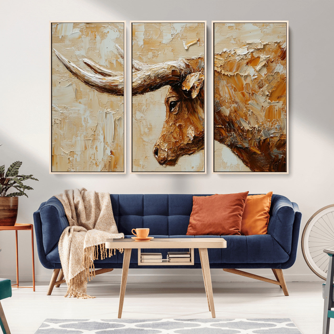 Rustic Longhorn Bull Wall Art Canvas Print – Vintage Western Cattle Painting, Texas Steer Artwork for Ranch, Farmhouse or Cowboy Decor