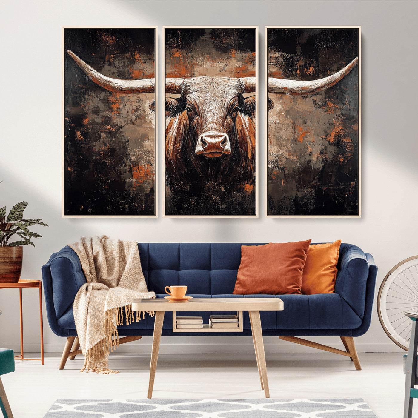 Rustic Longhorn Bull Wall Art Canvas Print – Vintage Western Cattle Painting, Texas Steer Artwork for Ranch, Farmhouse or Cowboy Decor