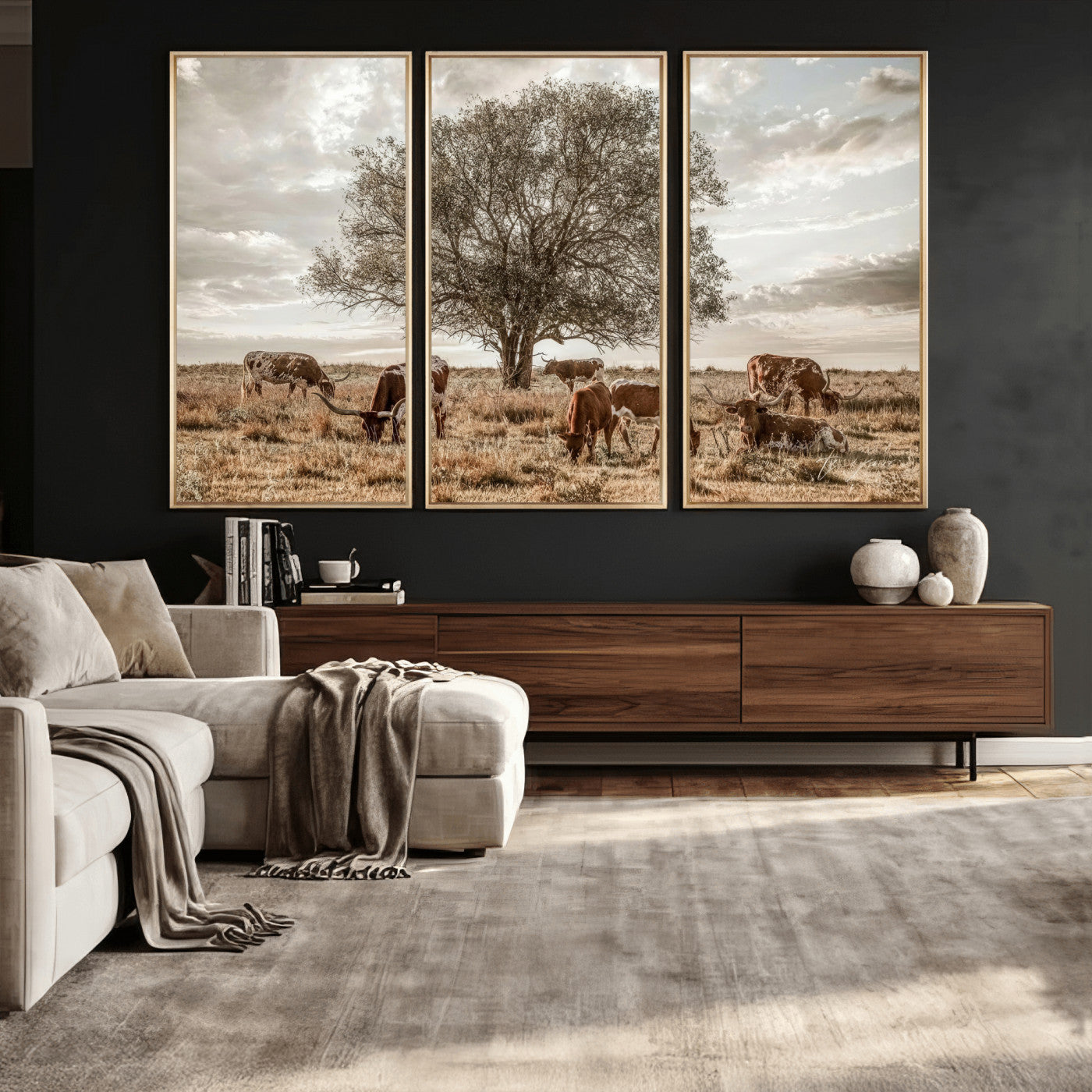 87590224-MGV-CV-36X24 - Texas Longhorn Cattle Wall Art Canvas Print – Rustic Western Ranch Scene with Steers at Sunset, Perfect for Farmhouse or Cowboy Decor