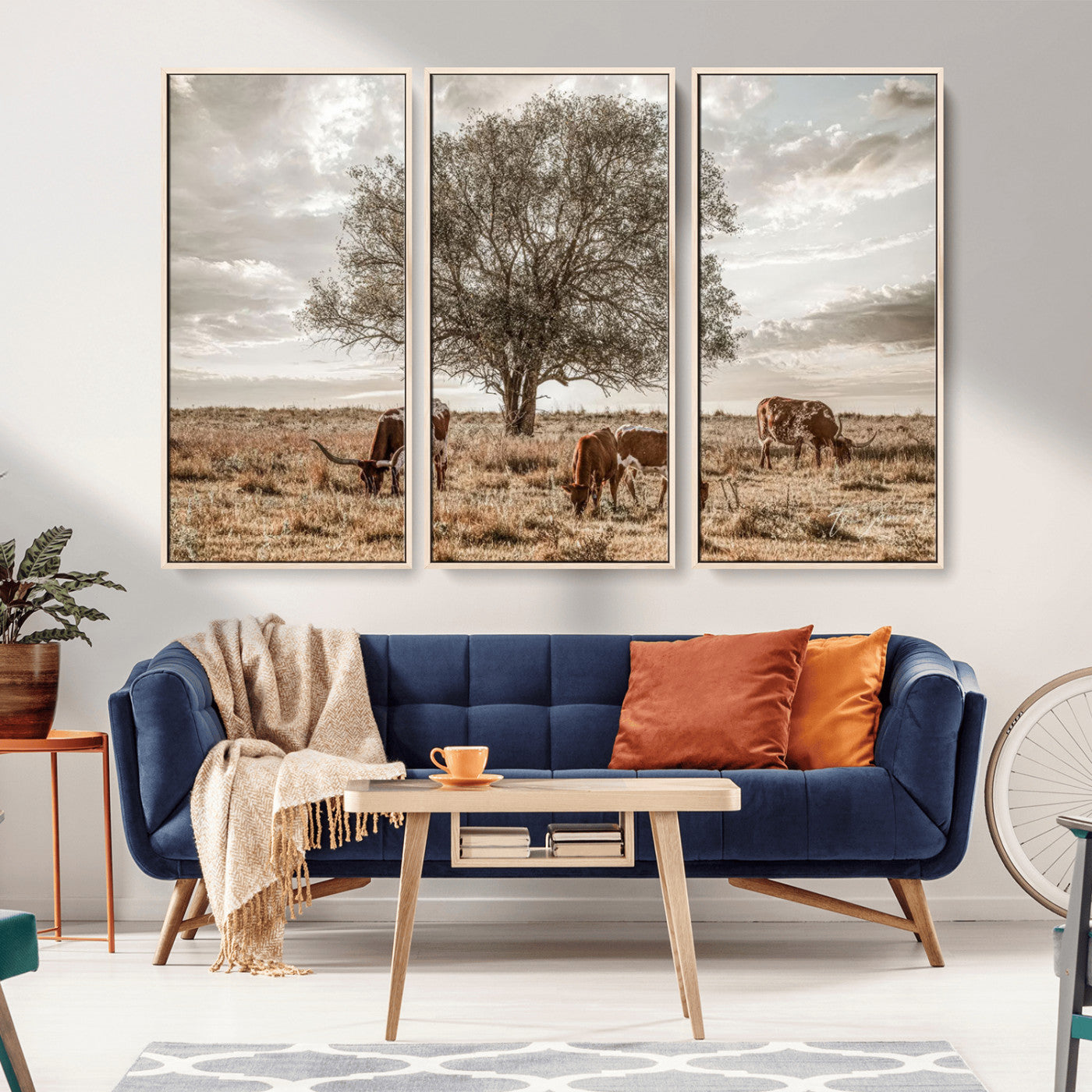 Texas Longhorn Cattle Wall Art Canvas Print – Rustic Western Ranch Scene with Steers at Sunset, Perfect for Farmhouse or Cowboy Decor
