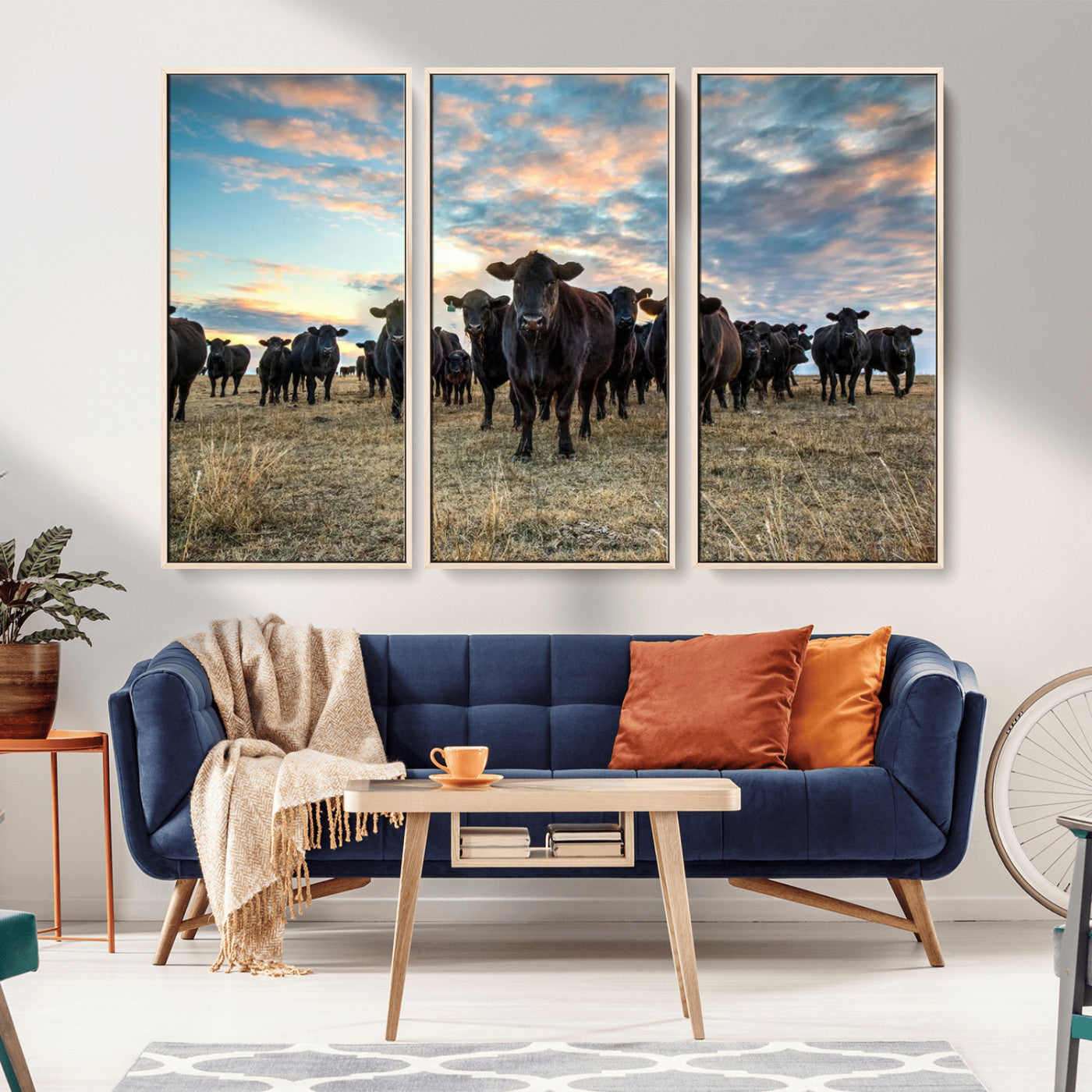 13867292-MGV-FC-60X40-3P_Natural-Texas Longhorn Cattle Wall Art Canvas Print – Rustic Western Ranch Scene with Steers at Sunset, Perfect for Farmhouse or Cowboy Decor