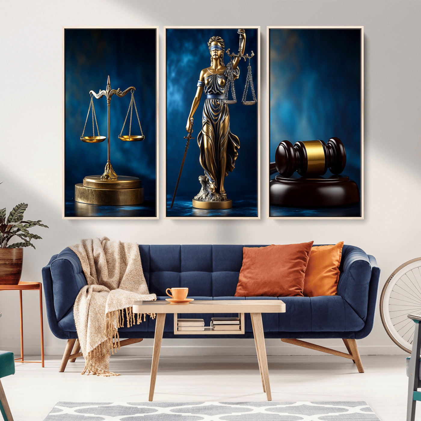 MGV-FC-48X32-3P - Lady Justice Wall Art Canvas Print – Elegant Gold Legal Symbols on Blue Background, Perfect for Law