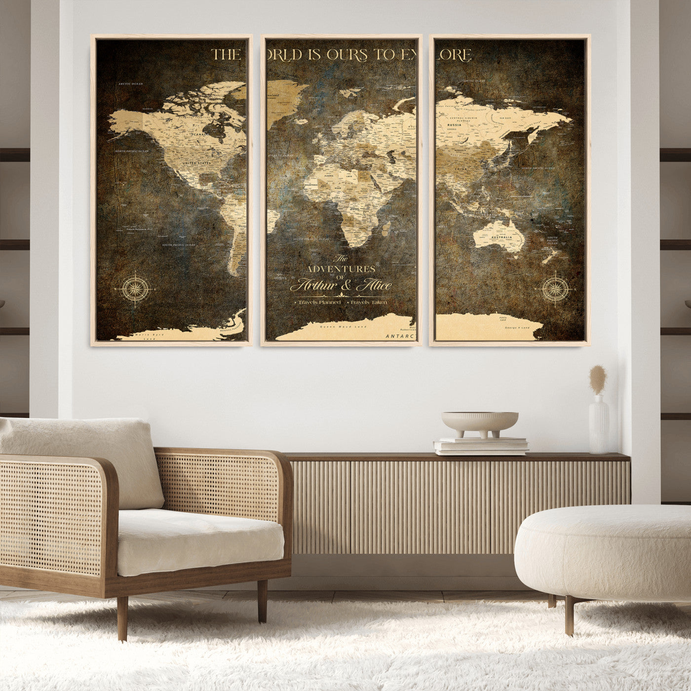 76675404-MGV-FC-60X40-3P_Natural-Framed Push Pin World Travel Map – Canvas Wall Art for Tracking Adventures, Decorative Vintage Style Map with Pins for Home or Office - H1