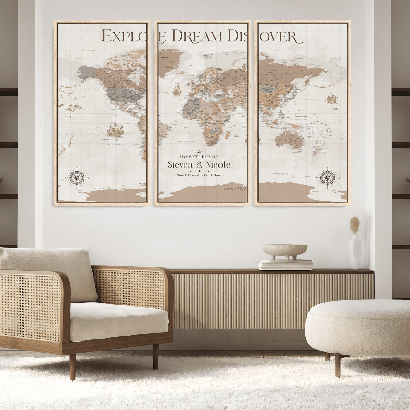 95738134-MGV-FC-48X32-3P_Natural-Custom Push Pin World Map Wall Canvas Print – Personalized Travel Tracker with Pins – Framed Large Multi-Size Canvas for Home Office Decor - H13