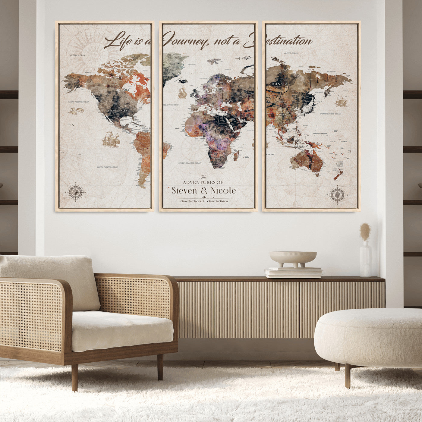 96000140-MGV-CV-36X24-Canvas Travel Map with Pins – Framed Wall Art to Track Countries and Cities, Beautiful World Map in Rustic Old Style for Decoration - H14