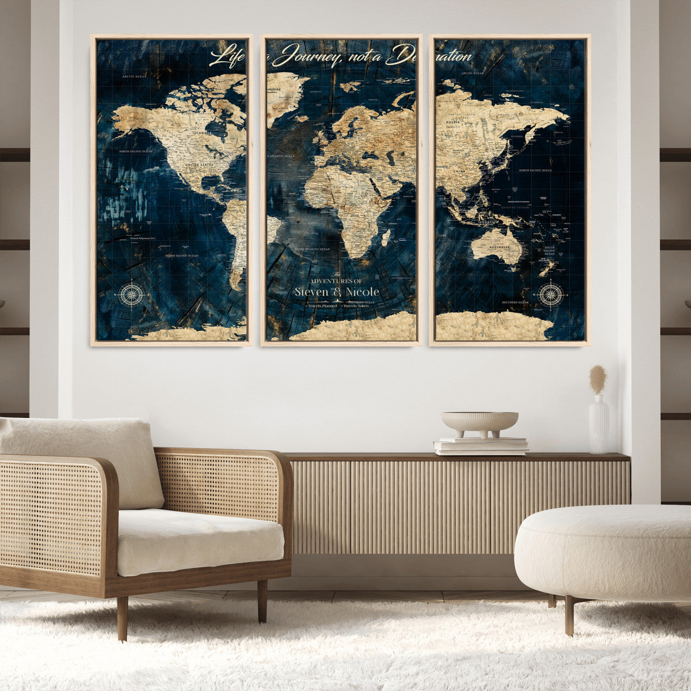 23551206-MGV-FC-48X32-3P_Natural-Old Style World Map with Push Pins – Framed Canvas Print for Wall, Track Past and Future Adventures in a Decorative Way - H15