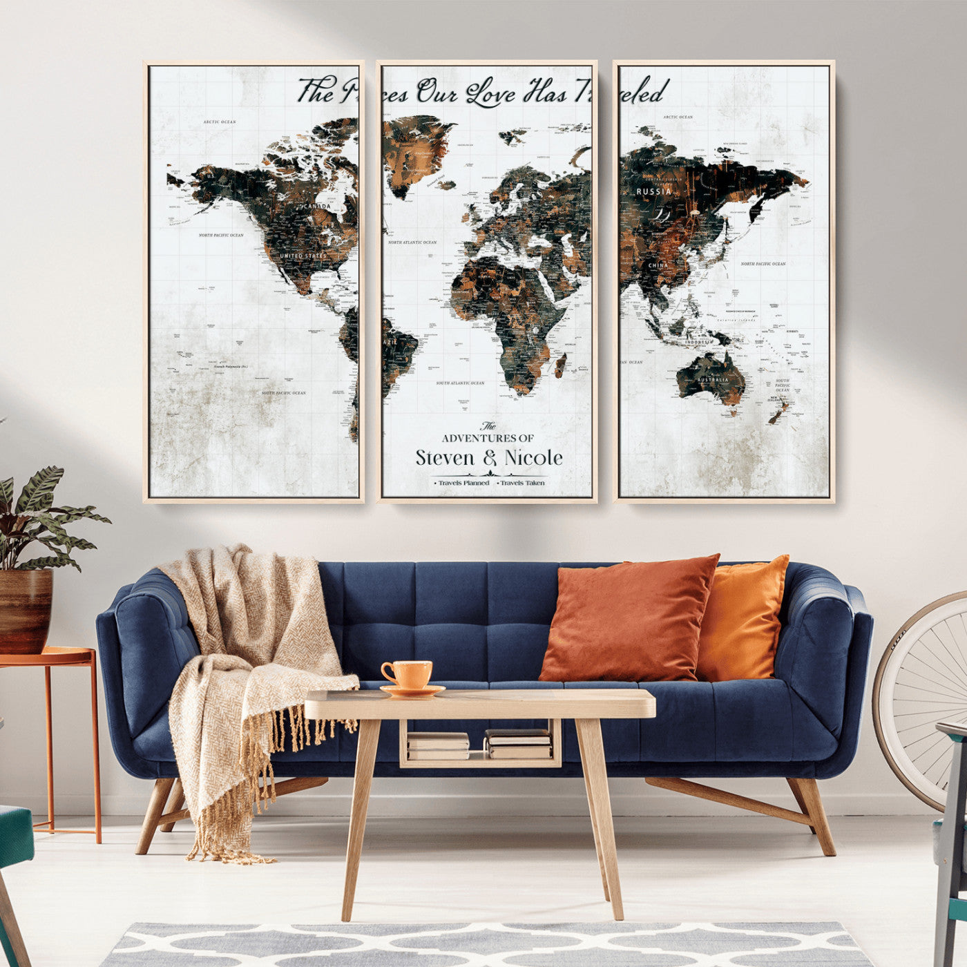 89231588-MGV-FC-60X40-3P_Natural-World Travel Map with Pins – Framed Canvas Print to Track Adventures and Create a Visual Travel Journal, Ideal Wall Art for Home - H17