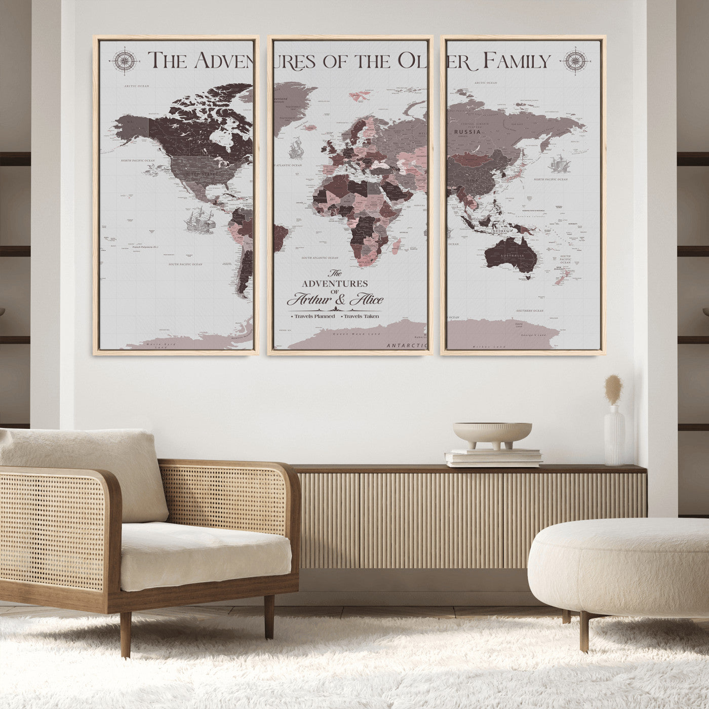 43789856-MGV-FC-48X32-3P_Natural-Custom Push Pin World Map Wall Canvas Print – Personalized Travel Tracker with Pins – Framed Large Multi-Size Canvas for Home Office Decor - H27