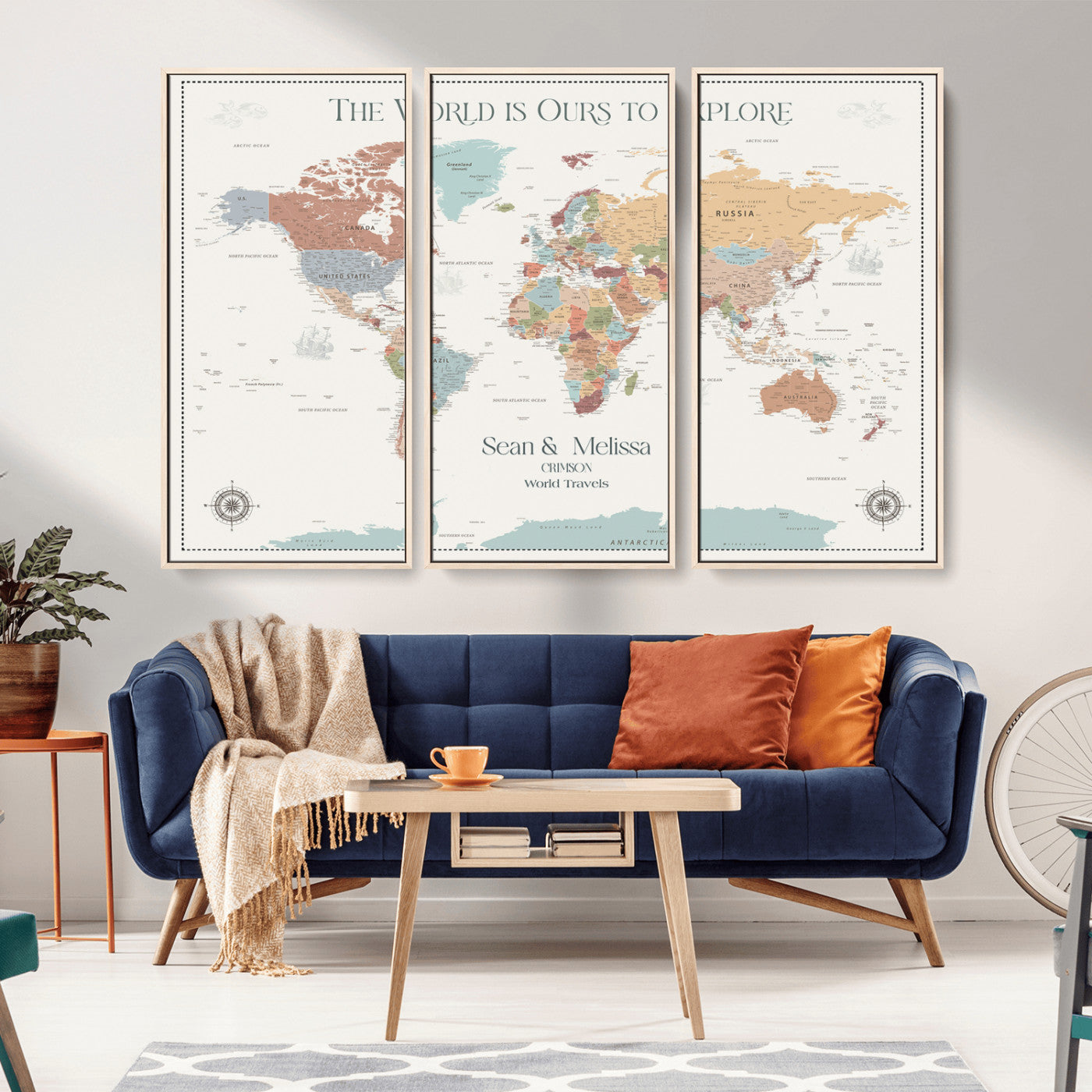 90968866-MGV-FC-48X32-3P_Natural-Custom Push Pin World Map Wall Canvas Print – Personalized Travel Tracker with Pins – Framed Large Multi-Size Canvas for Home Office Decor