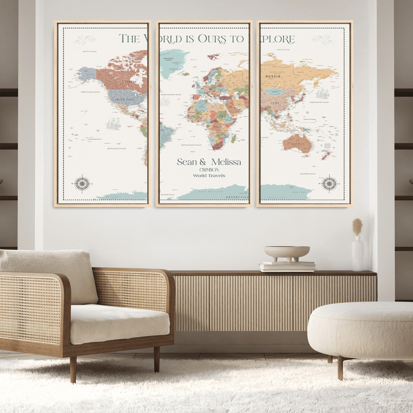 90968866-MGV-FC-48X32-3P_Natural-Custom Push Pin World Map Wall Canvas Print – Personalized Travel Tracker with Pins – Framed Large Multi-Size Canvas for Home Office Decor