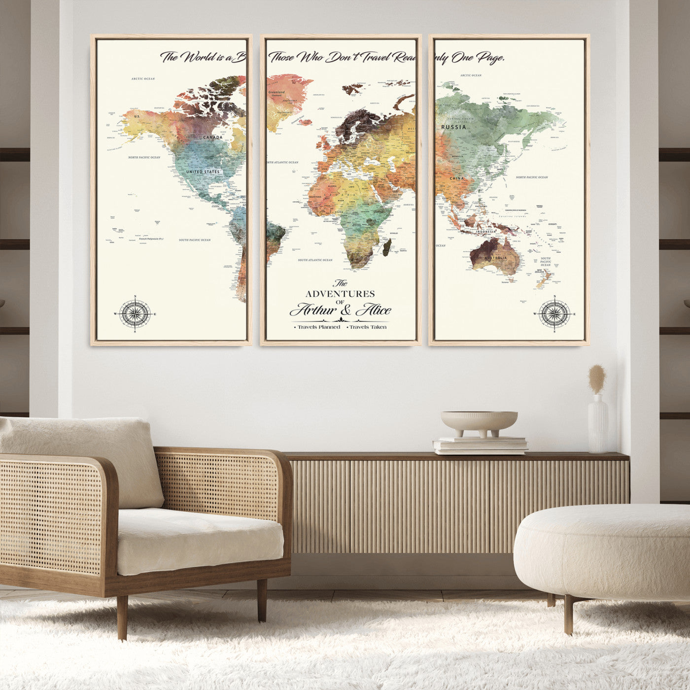40183091-MGV-FC-48X32-3P_Natural-Custom Framed World Map Canvas Print – Personalized Push Pin Travel Tracker Gift for Couples, Weddings, or Anniversary Celebrations