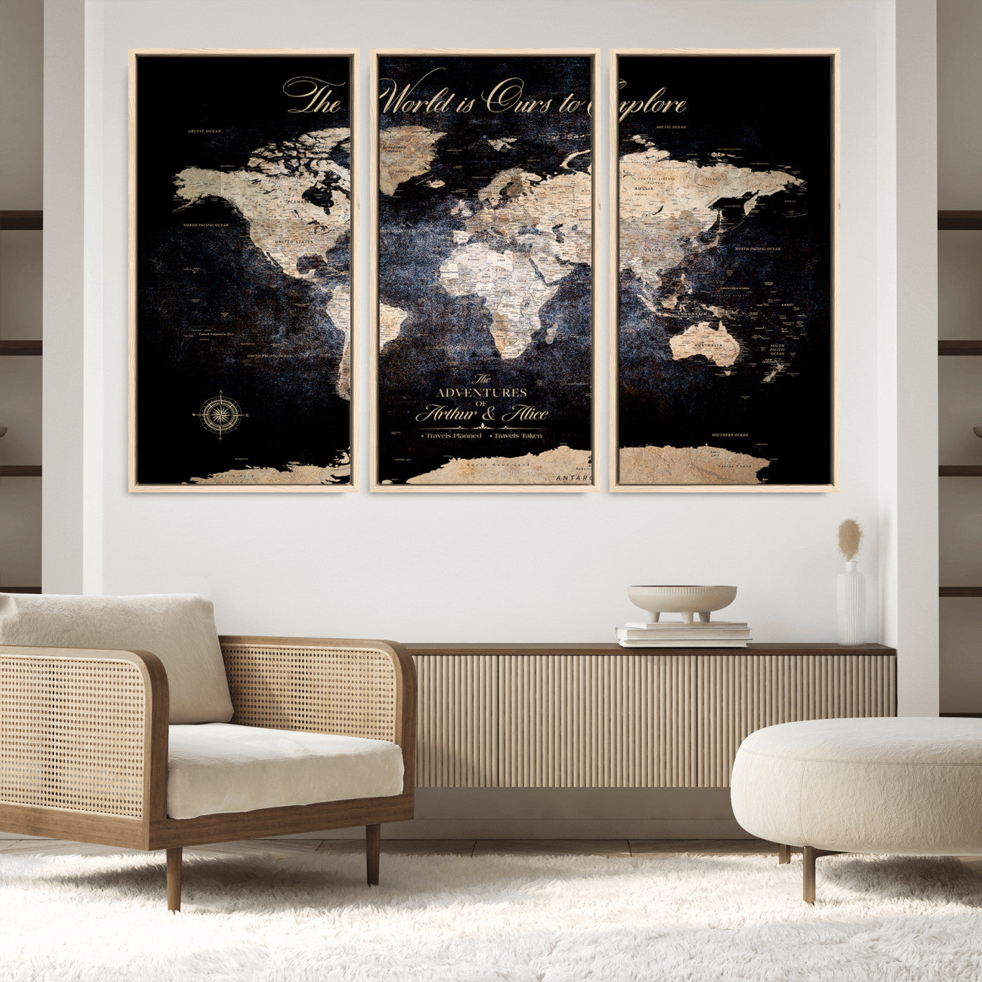 21010471-MGV-FC-60X40-3P_Natural-Customize Push Pin World Map Wall Canvas Print, Personalized Travel Tracker with Pins, Framed Large Canvas for Home Office Decor - H37