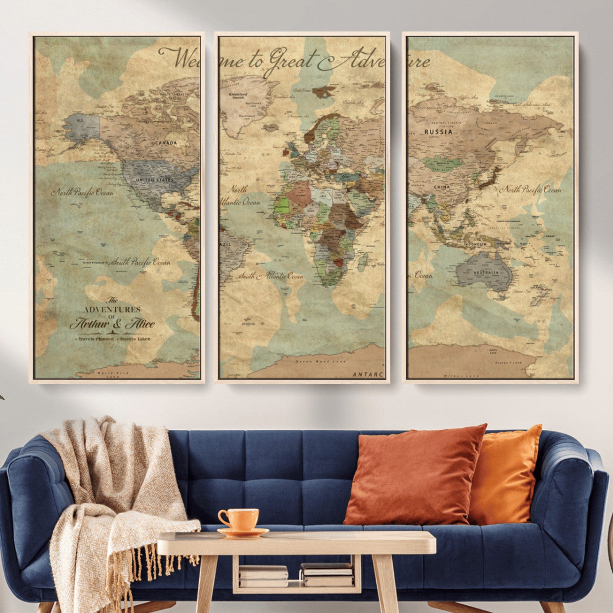 Rehber01-MGV-CV-36X24-Personalized World Map Canvas – Custom Framed Push Pin Travel Map Wall Art, Vintage Style Gift for Couples or Families