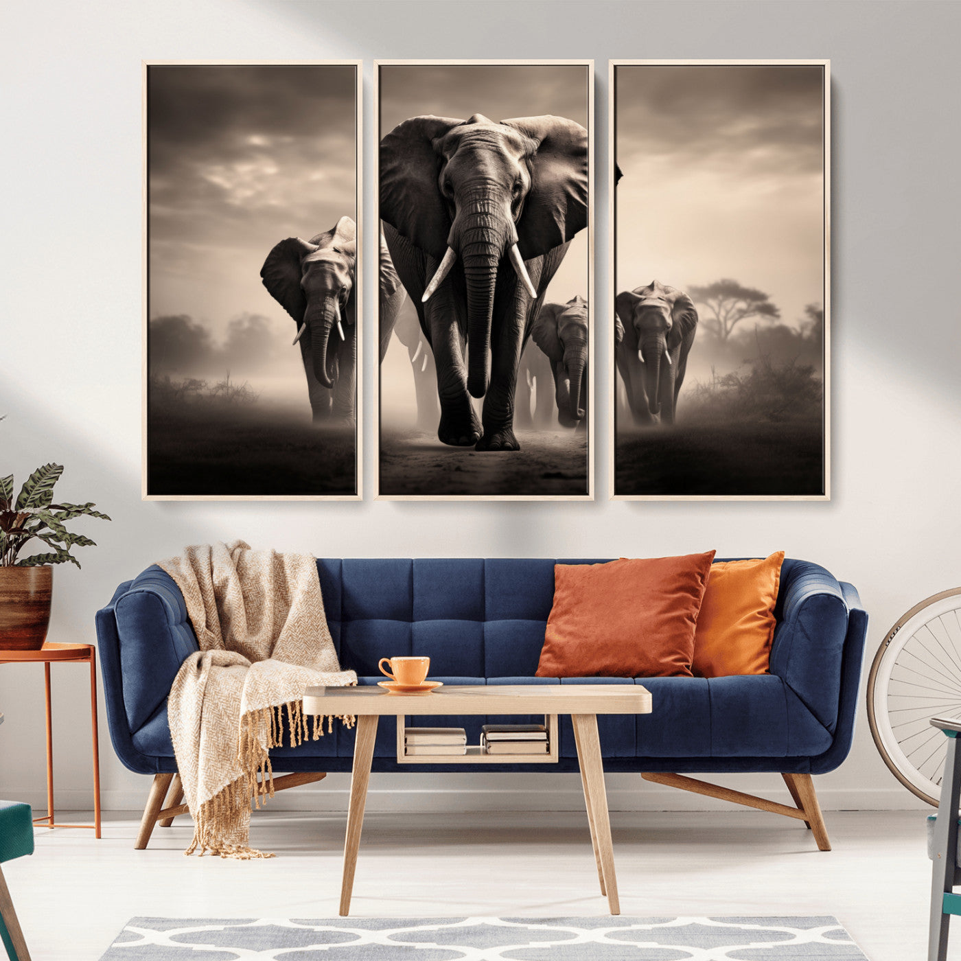 48598F10-MGV-FC-60X40-3P_Natural-Elephant Family Wall Art Canvas Print, Framed Elephant Wall Art Home Decor