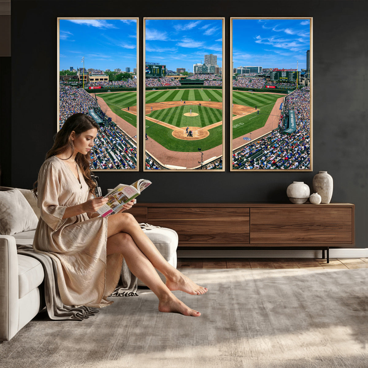 35800083-MGV-CV-36X24 - Wrigley Field Baseball Stadium Canvas Wall Art – Packed Crowd Sports Stadium City Skyline Artwork for Home Office