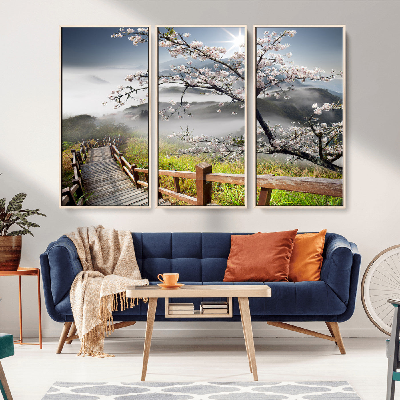 34632598CRY-MGV-FC-60X40-3P_Natural-Sakura Cherry Blossom Pathway Canvas Wall Art – Tranquil Walk Through Blossoming Nature – Ready to Hang