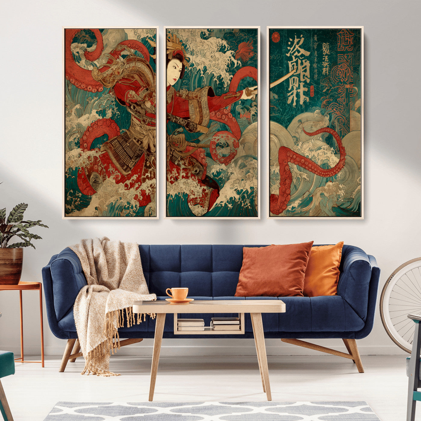MGV-FC-48X32-3P - Tsukioka Yoshitoshi Samurai Wall Art Print, Japanese Katana Warrior Canvas Wall Art, Octopus Sea Monster Canvas Print,