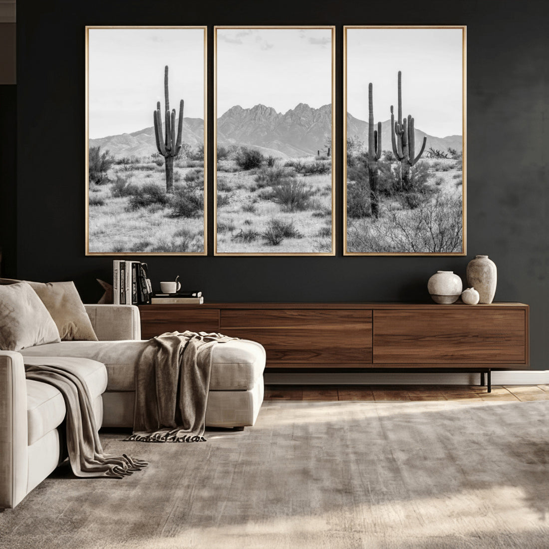 Black and White Arizona Desert Canvas Wall Art, Cactus Farmhouse Wall Art