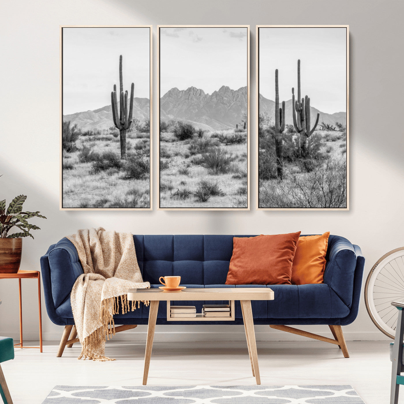 97436PHN-MGV-FC-60X40-3P_Natural-Black White Arizona Desert Canvas Wall Art Cactus Farmhouse Wall Art