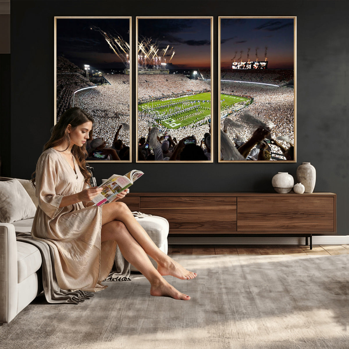 11221988-MGV-CV-36X24 - Epic Night Football Stadium Wall Art Canvas Print, Fireworks and Crowd