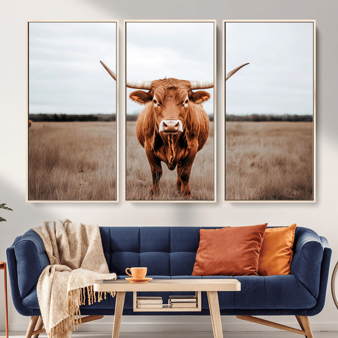 Longhorn Bull Wall Art Canvas Print, Framed Rustic Decor