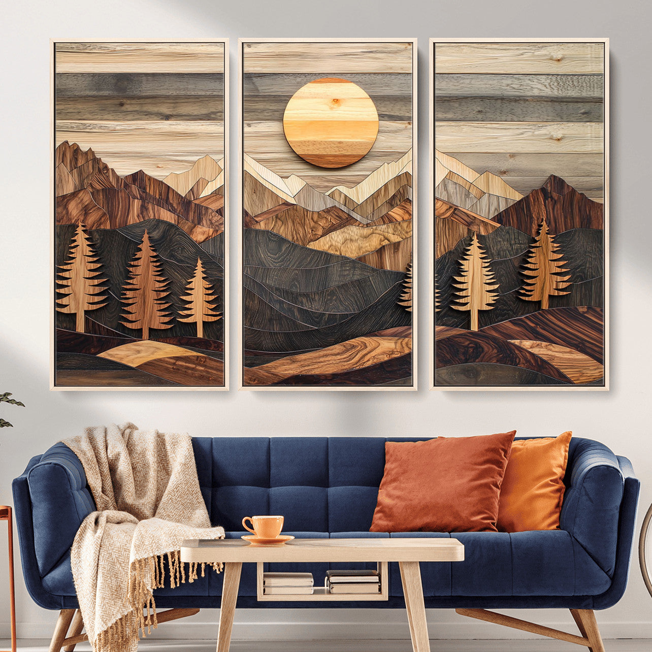 19832326-MGV-FC-48X32-3P - Wooden Mountain Landscape Layered Texture Geometric Shapes Sun Pine Trees Rustic Natural Tones Art