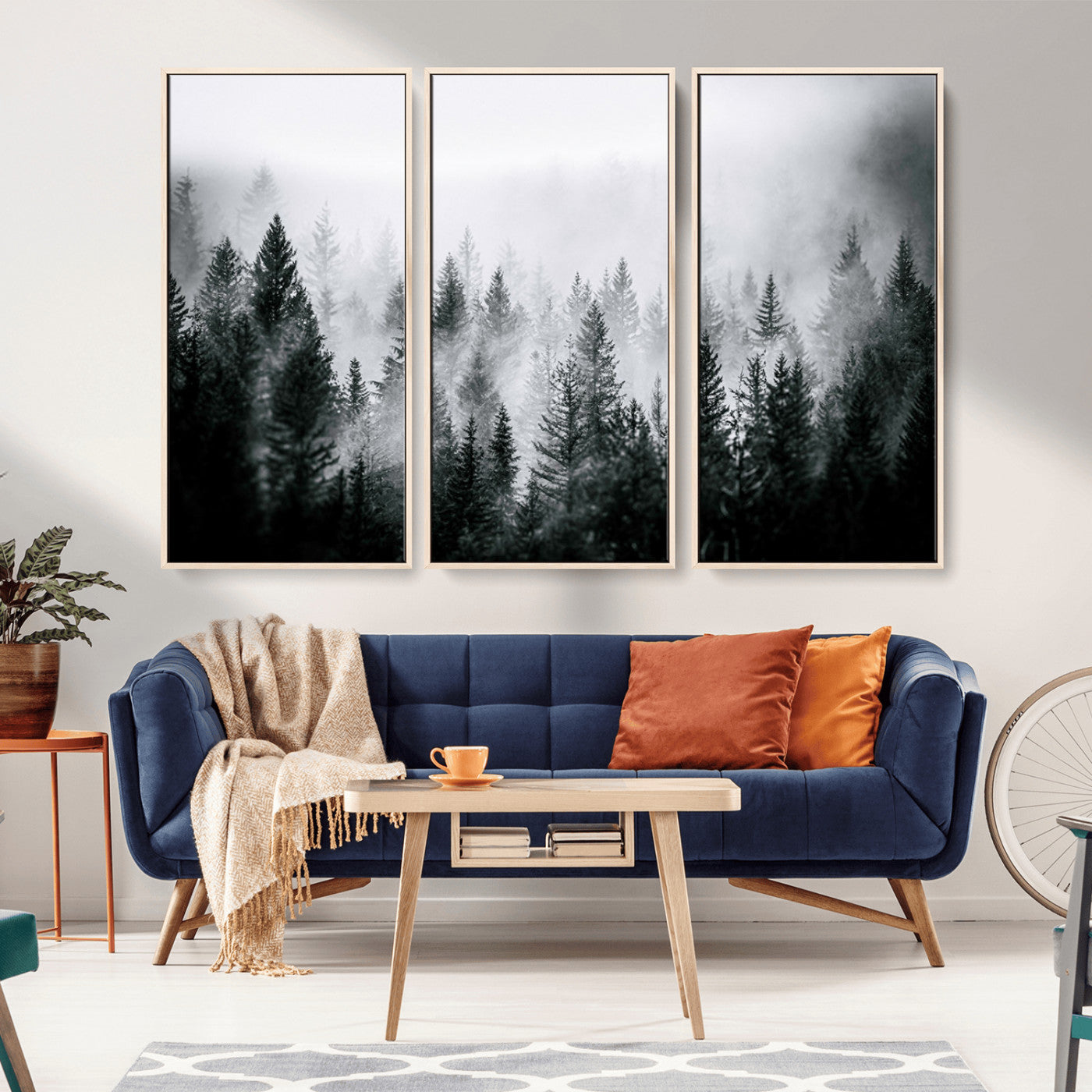 MGV-FC-48X32-3P - Foggy Pine Forest Canvas Wall Art – Black and White Nature Landscape Print, Horizontal Canvas for