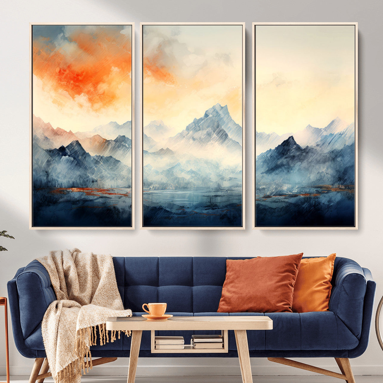WRM1005-MGV-FC-48X32-3P - Warm Clouds Abstract Mountain Wall Art, Modern Landscape Canvas Print, Minimal Framed Artwork for Home, Office