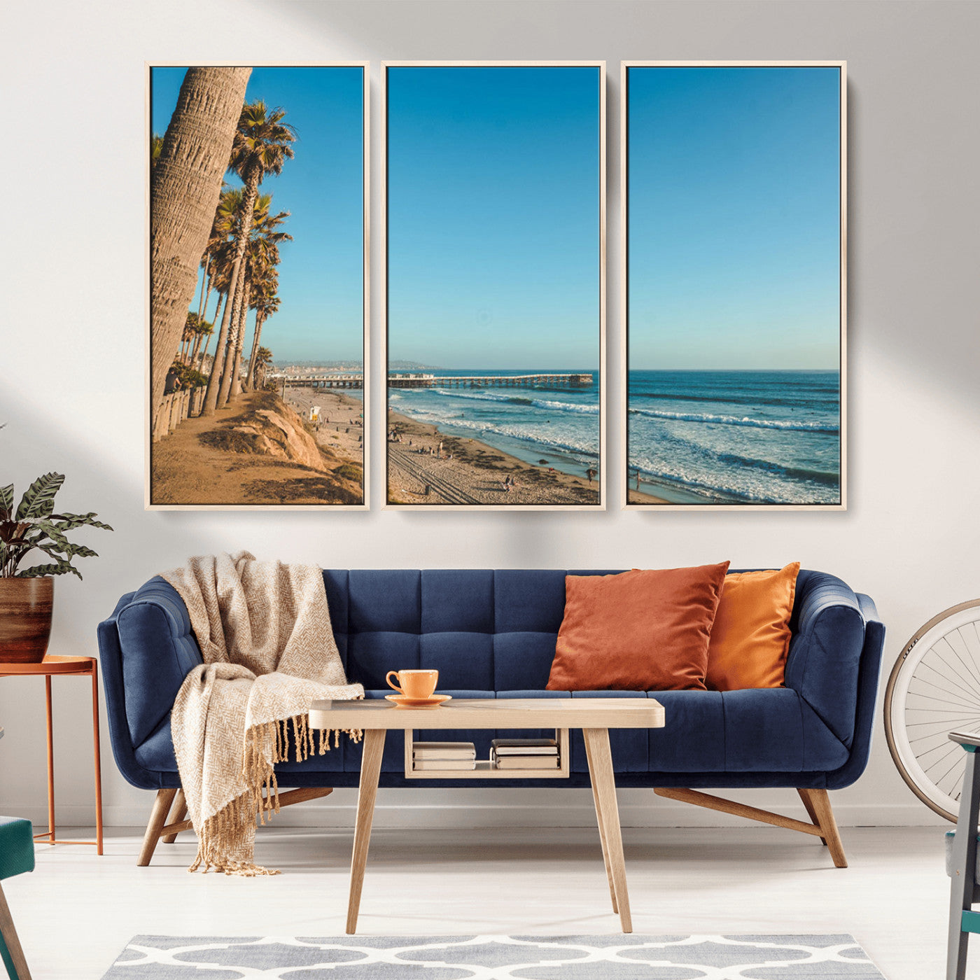 MGV-FC-48X32-3P - Scenic Beach with Tall Palm Trees, Sandy Shore, and Long Pier Stretching into the Calm Ocean Under