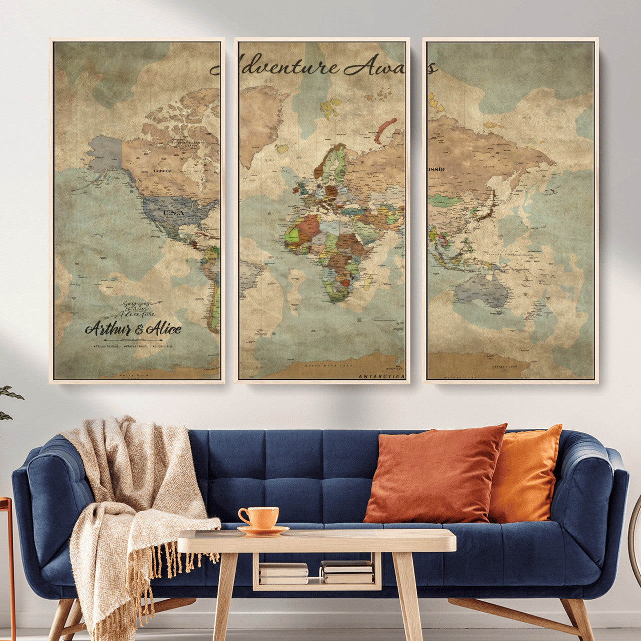 MGV-FC-48X32-3P - Personalized World Map Wall Art Canvas Print – Custom Push Pin Travel Map for Couples, Families, or Office Décor