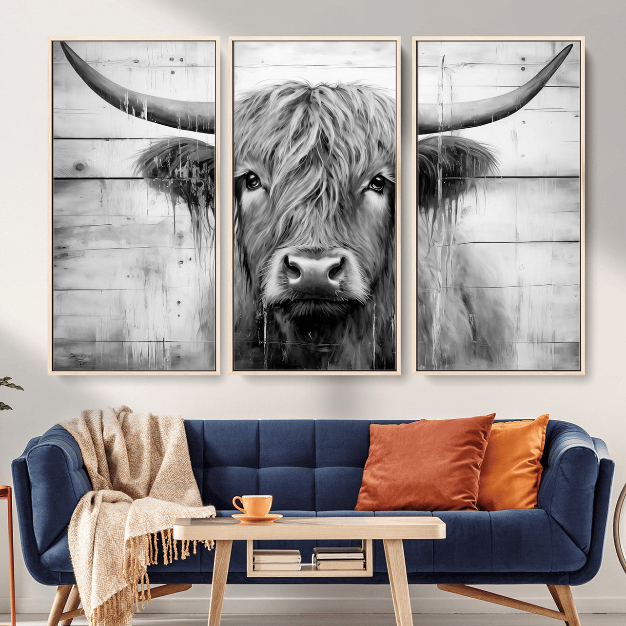 1001HASAN27-MGV-FC-48X32-3P - Black White Highland Cow Wall Art Canvas Print
