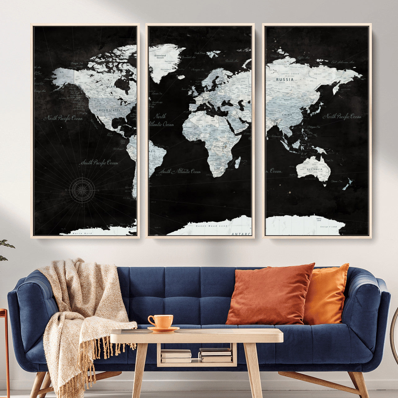30759283-MGV-FC-48X32-3P - World Map Wall Art Canvas Print, Modern Decorative Framed Map Artwork Prints for Living Room, Office, Bedroom Wall Decor