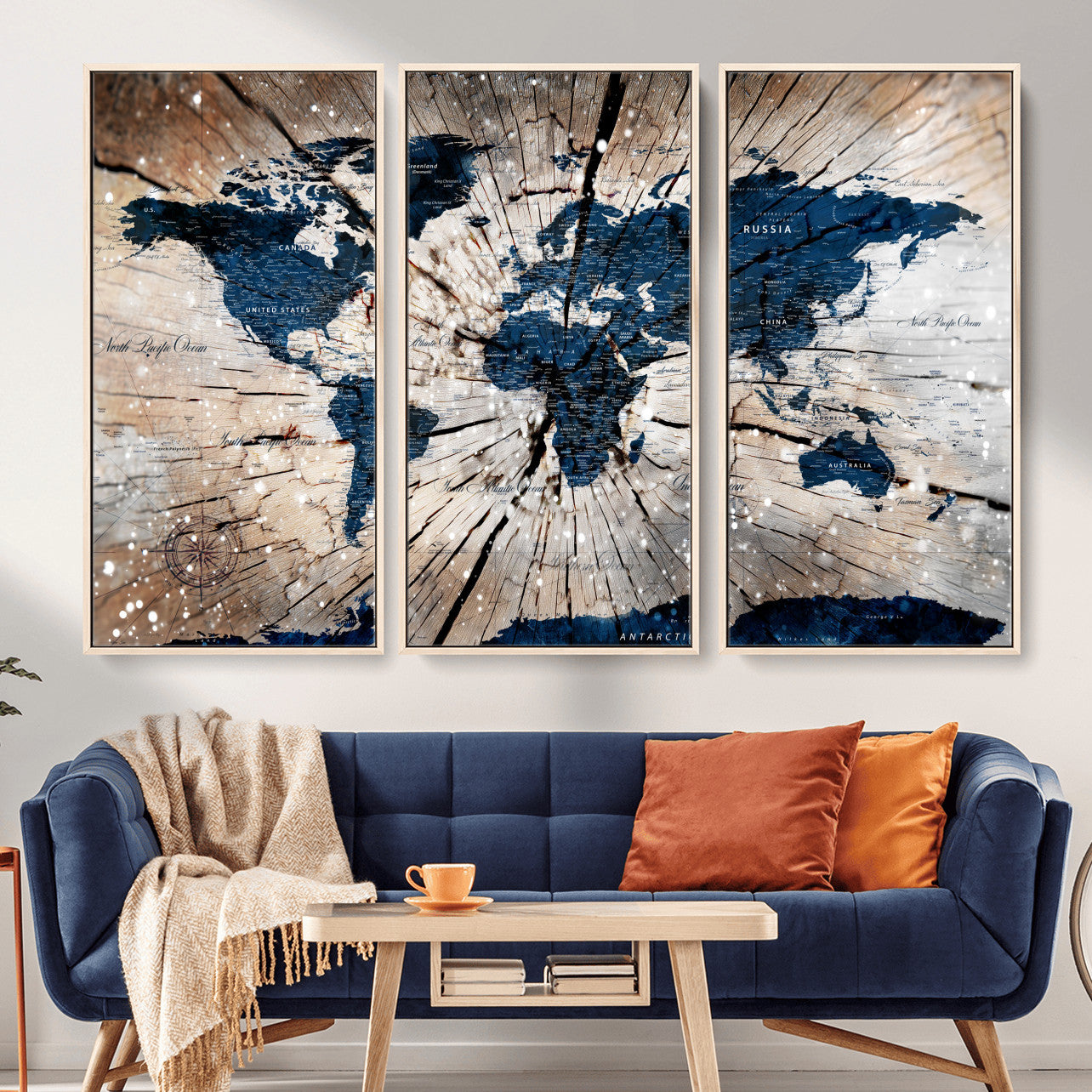 99001695-MGV-FC-48X32-3P - World Map Wall Art Canvas Print, Modern Decorative Framed Map Artwork Prints for Living Room, Office, Bedroom Wall Decor