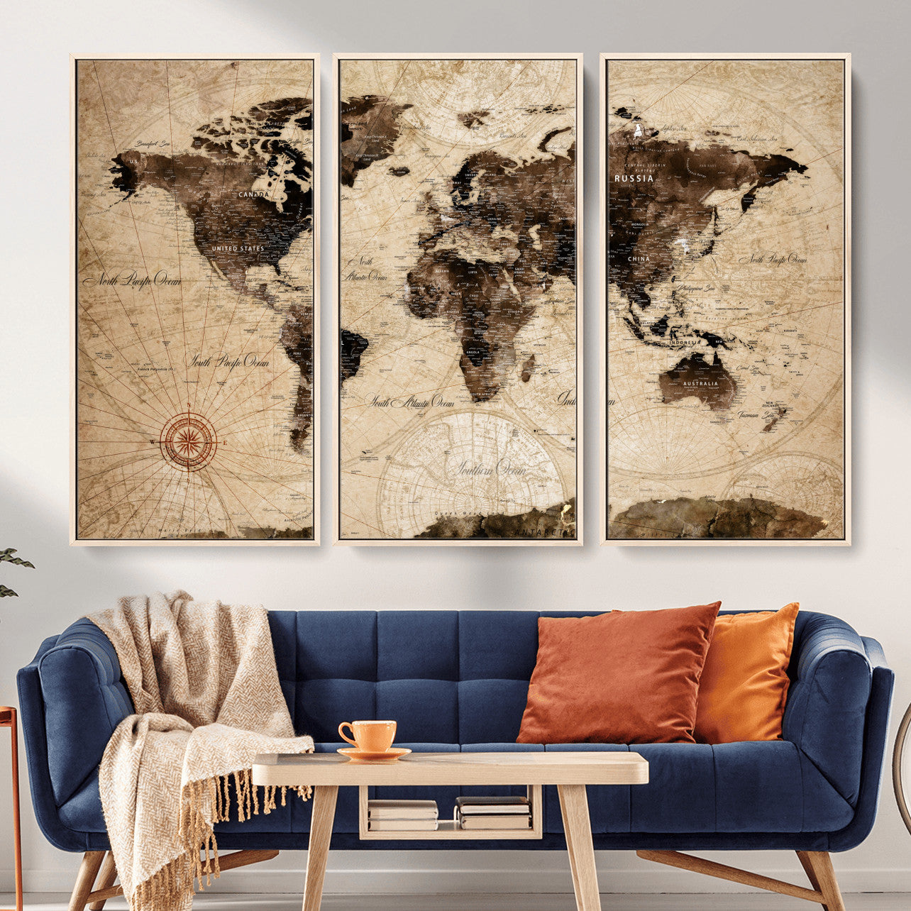 97114757-MGV-FC-48X32-3P - Vintage World Map Wall Art Canvas Print, Modern Decorative Framed Map Artwork Prints for Living Room, Office, Bedroom Wall Decor