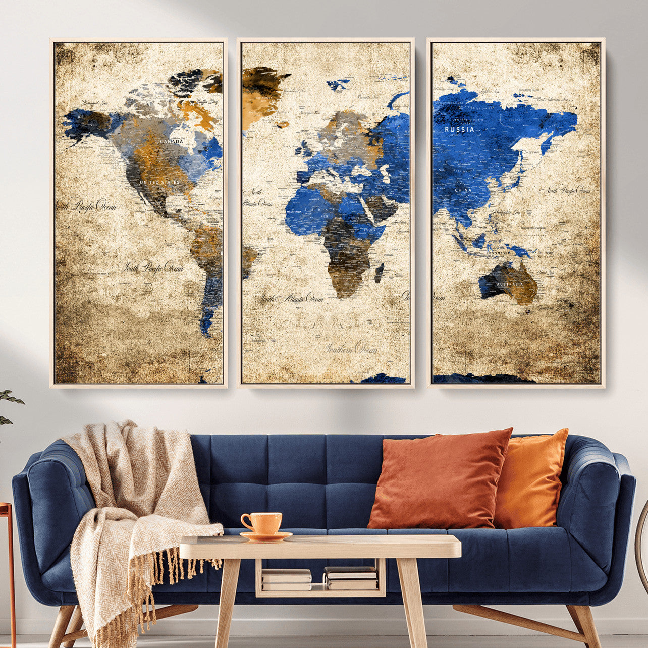13564339-MGV-FC-48X32-3P - World Map Wall Art Canvas Print, Modern Decorative Framed Map Artwork Prints for Living Room, Office, Bedroom Wall Decor