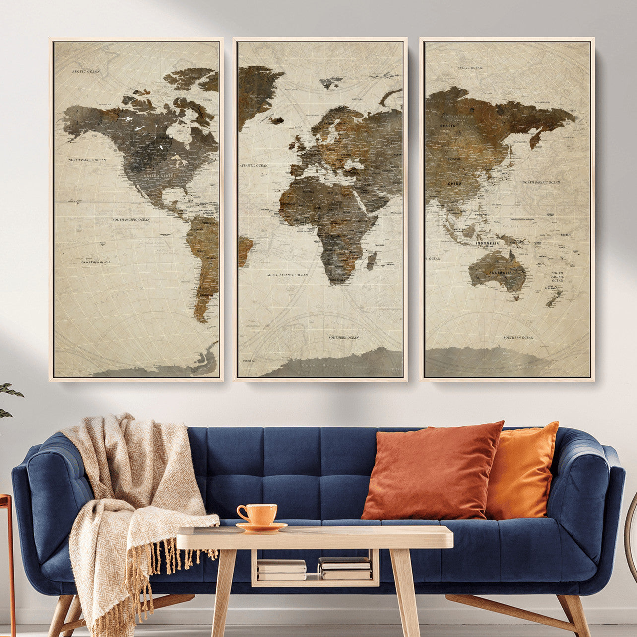 91849163-MGV-FC-48X32-3P - World Map Wall Art Canvas Print, Modern Decorative Framed Map Artwork Prints for Living Room, Office, Bedroom Wall Decor