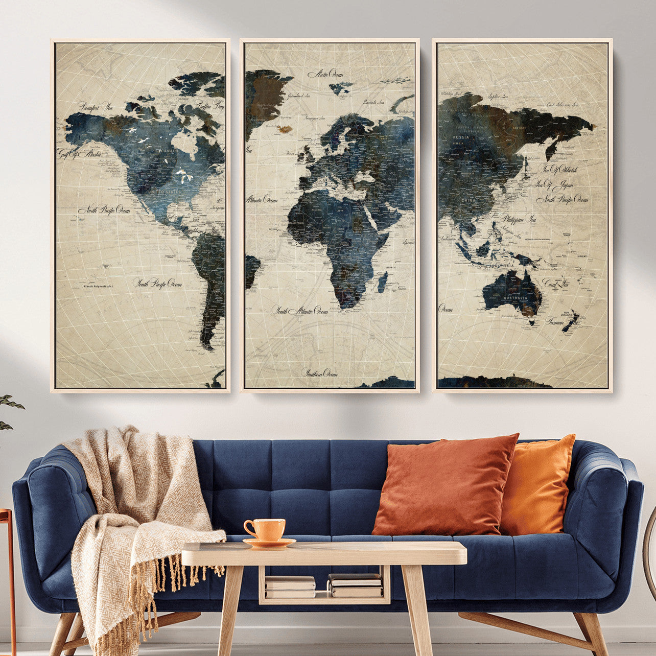 33438443-MGV-FC-48X32-3P - World Map Wall Art Canvas Print, Modern Decorative Framed Map Artwork Prints for Living Room, Office, Bedroom Wall Decor