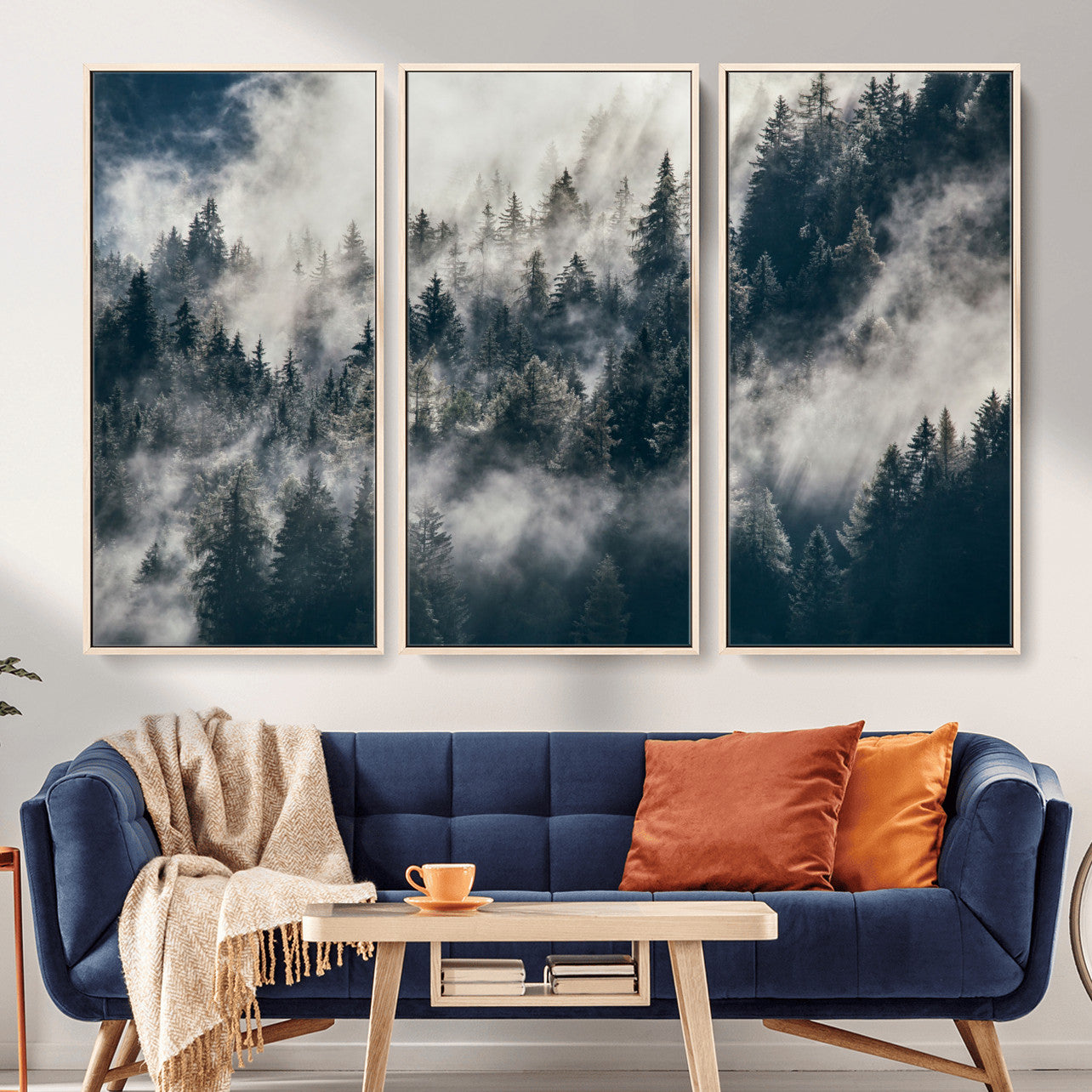 270372951-MGV-FC-48X32-3P - Misty Pine Forest Canvas Wall Art – Dark Forest Mountaing and Nature Landscape Print, Horizontal Canvas Print