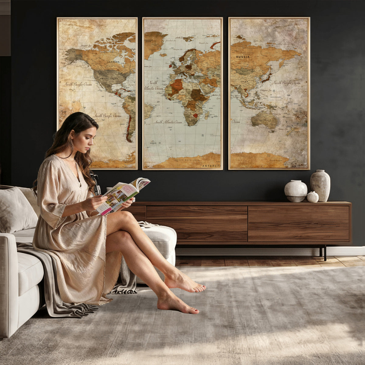 74176056-MGV-CV-36X24 - World Map Wall Art Canvas Print, Modern Decorative Framed Map Artwork Prints for Living Room, Office, Bedroom Wall Decor