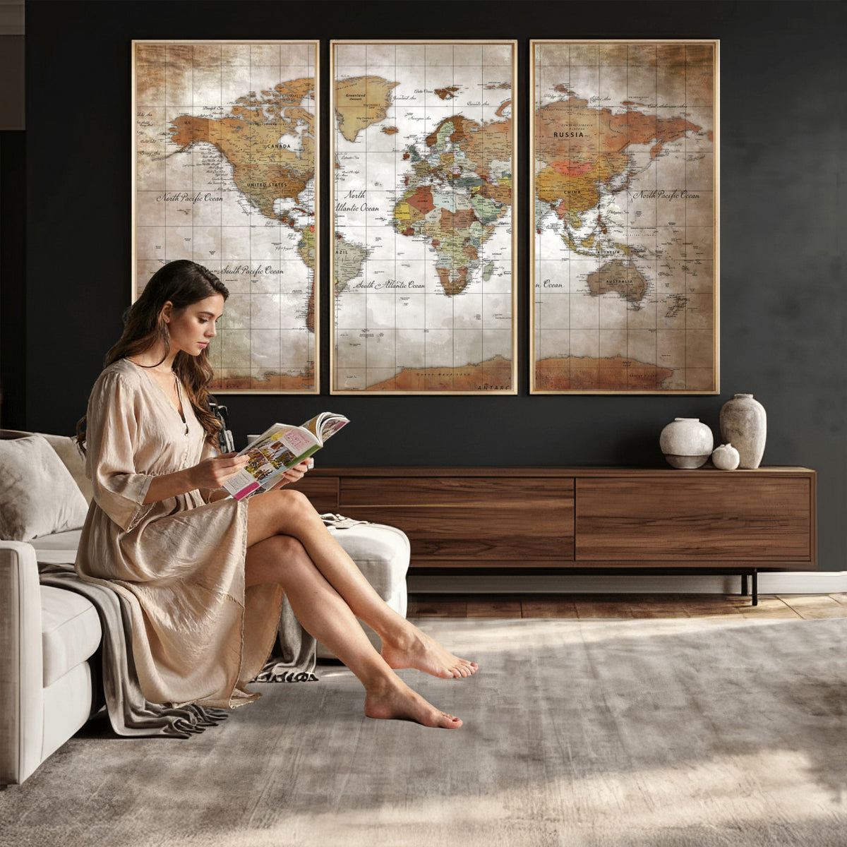 51643807-MGV-CV-36X24 - World Map Wall Art Canvas Print, Modern Decorative Framed Map Artwork Prints for Living Room, Office, Bedroom Wall Decor