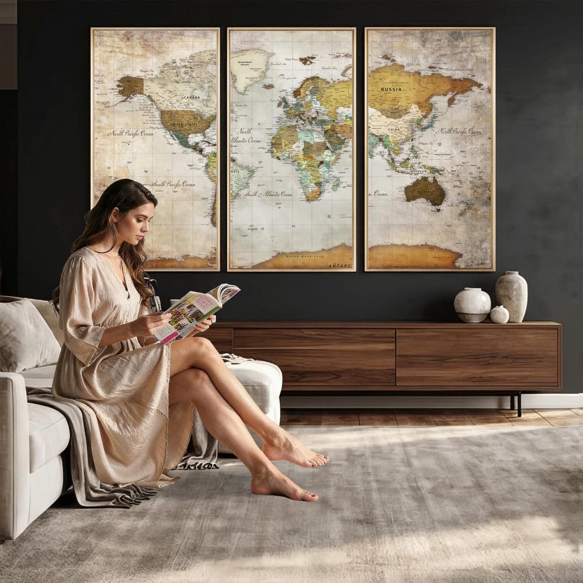 86108417-MGV-CV-36X24 - World Map Wall Art Canvas Print, Modern Decorative Framed Map Artwork Prints for Living Room, Office, Bedroom Wall Decor