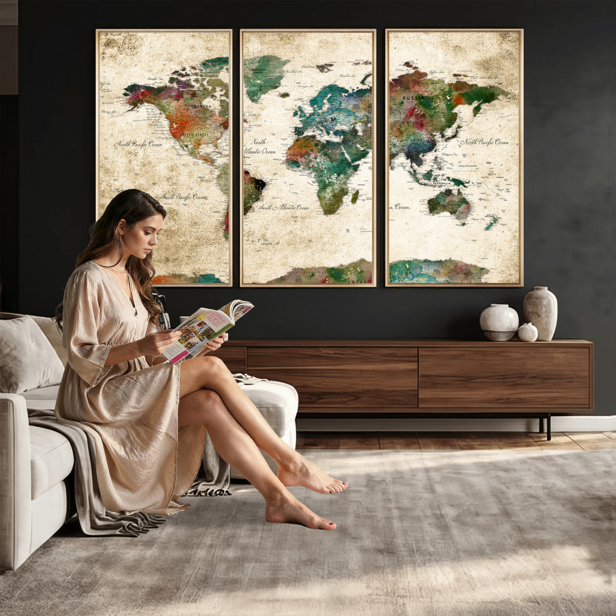 87544591-MGV-CV-36X24 - World Map Wall Art Canvas Print, Modern Decorative Framed Map Artwork Prints for Living Room, Office, Bedroom Wall Decor