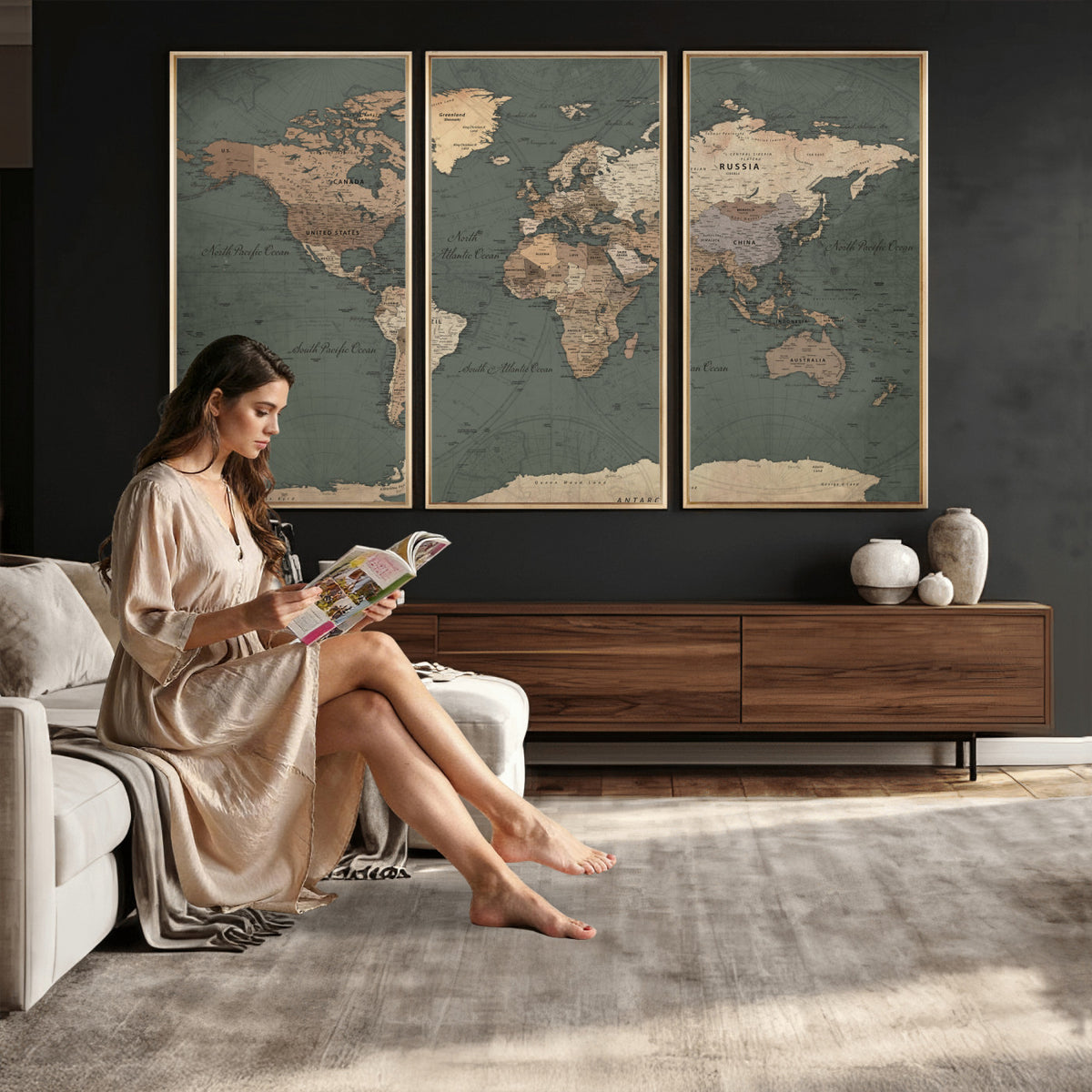 84619399-MGV-CV-36X24 - World Map Wall Art Canvas Print, Modern Decorative Framed Map Artwork Prints for Living Room, Office, Bedroom Wall Decor